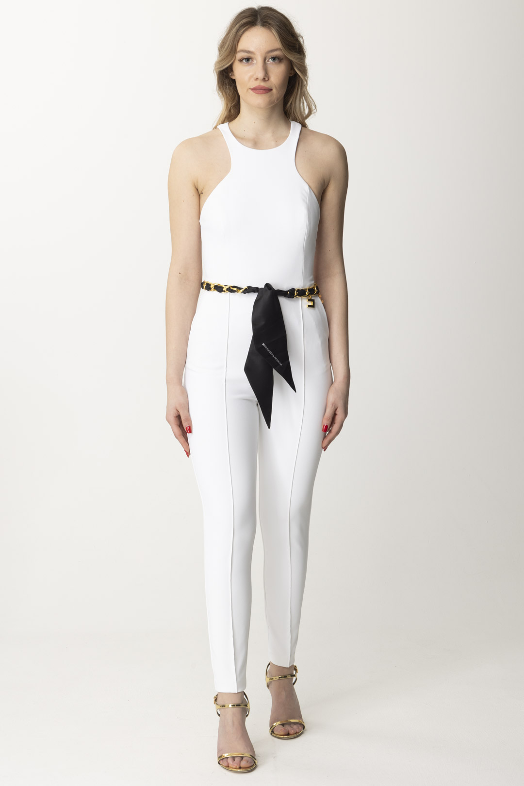 Preview: Elisabetta Franchi Jumpsuit with chain belt and scarf Avorio