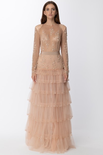 Elisabetta Franchi  Red Carpet dress with pearls and tulle AB26927E2 CARNE