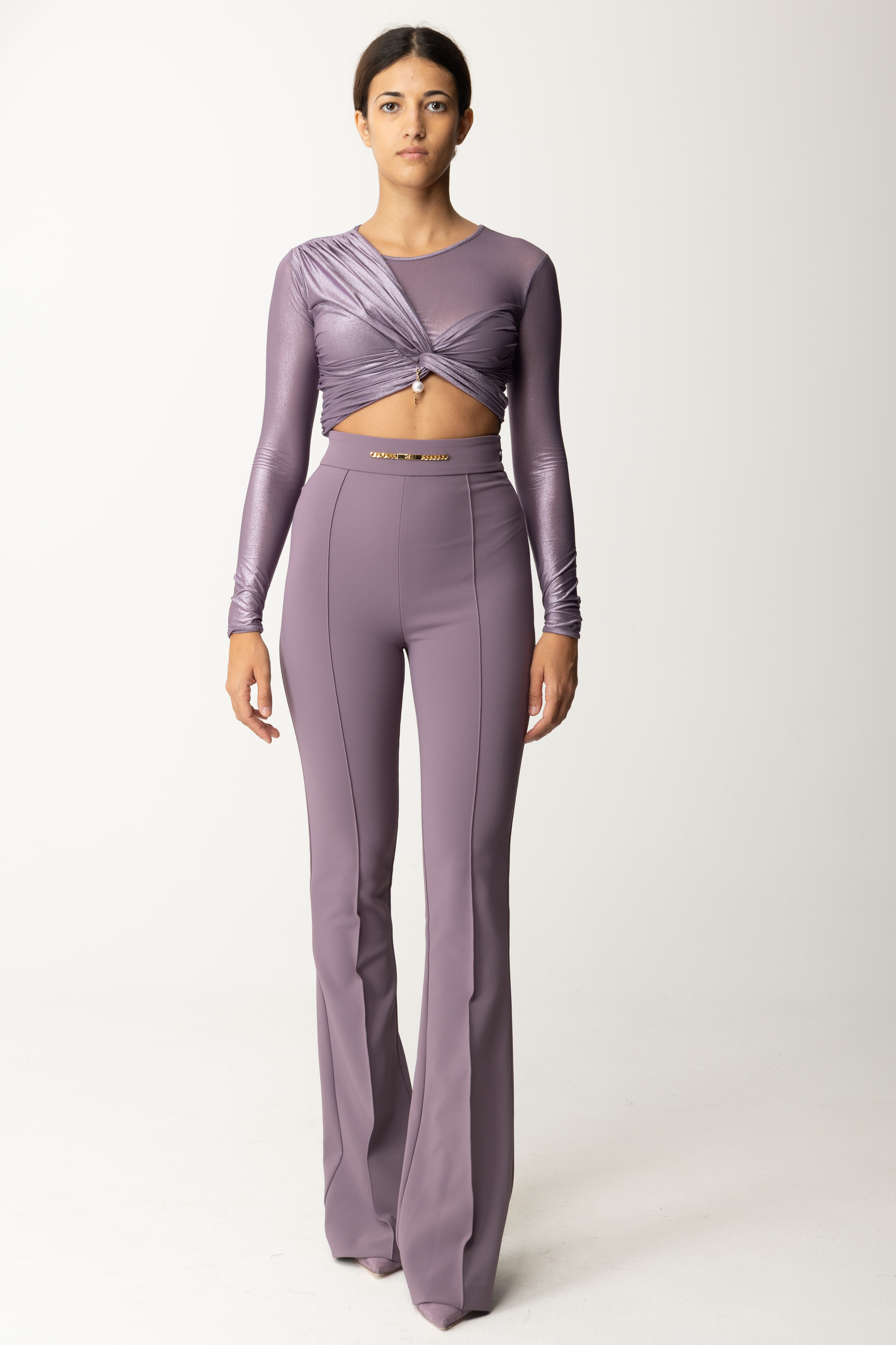 Preview: Elisabetta Franchi Cropped sweater in laminated jersey CANDY VIOLET