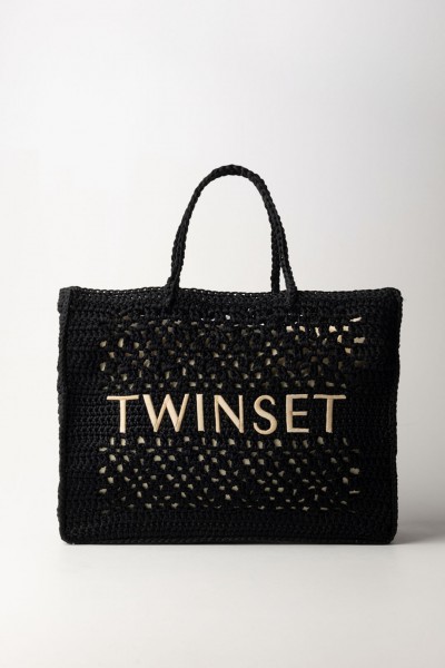 Twin-Set  Szydełkowa torba z kontrastowym logo 241TB7320 NERO