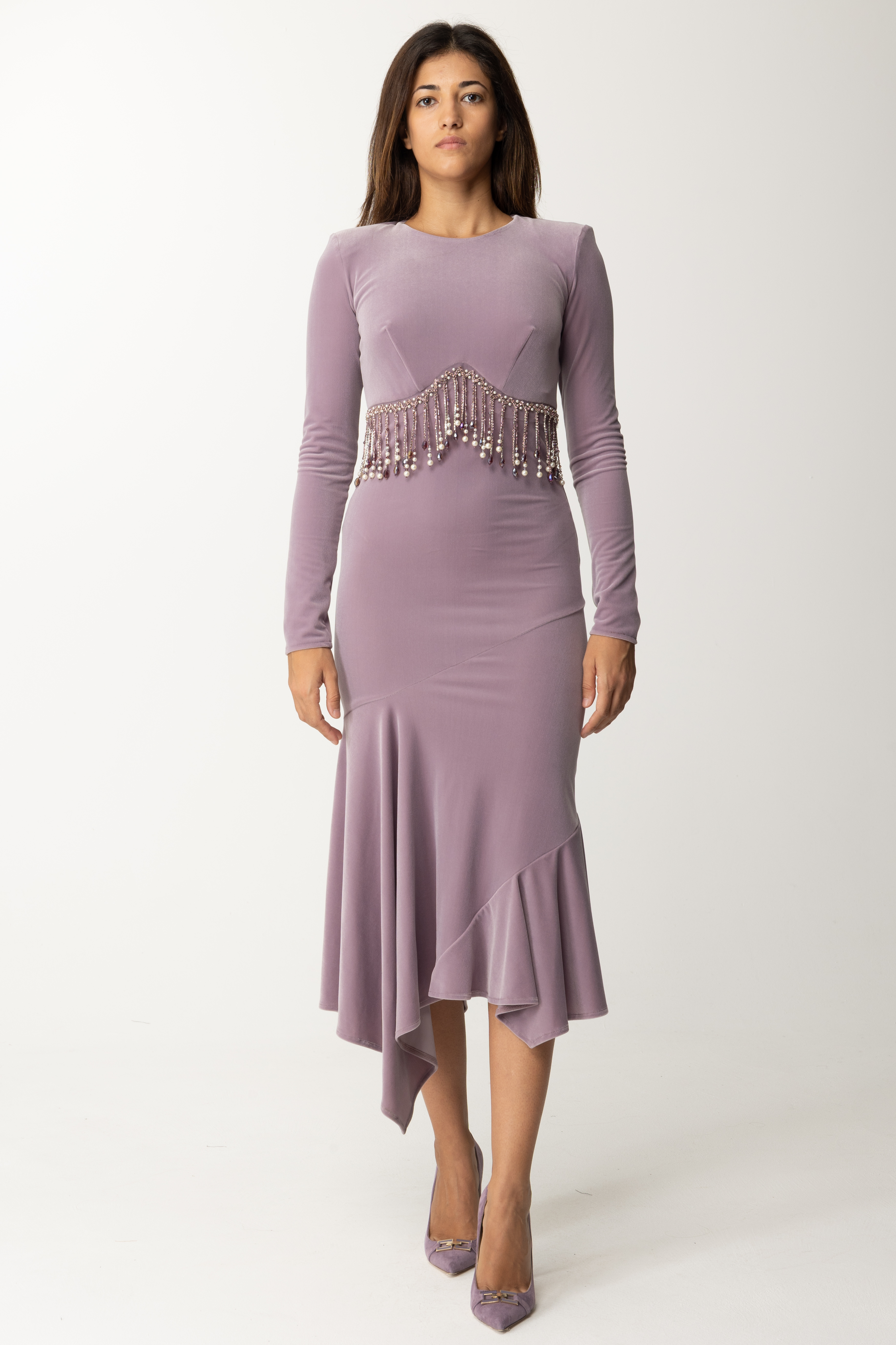 Preview: Elisabetta Franchi Velvet Midi Dress with Pearl Embroidery CANDY VIOLET