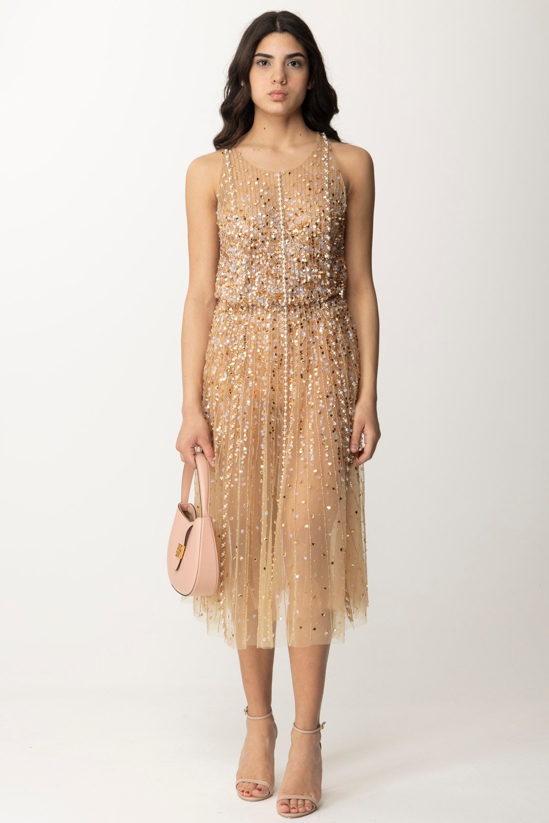 Preview: Elisabetta Franchi Midi Dress in Embroidered Tulle Nudo
