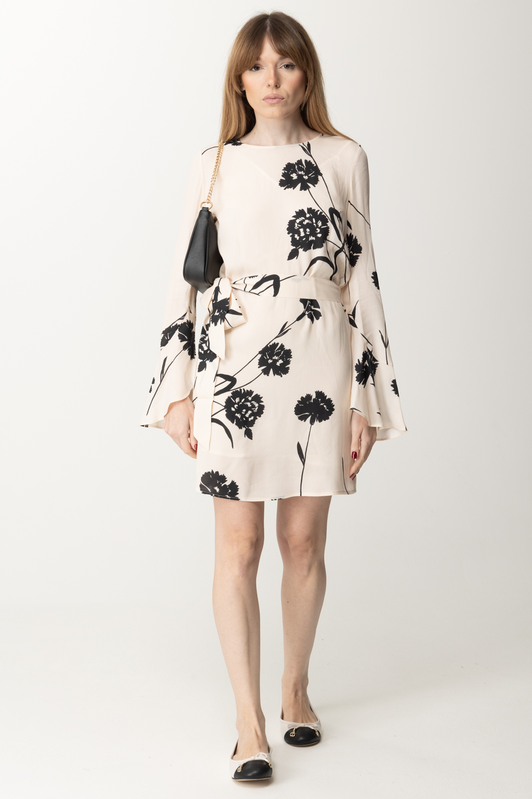 Preview: Twin-Set Crepe Dress with Flower Print and Sash ST GAROFANO NERO/NEVE