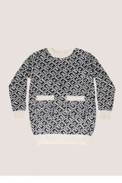 ELISABETTA FRANCHI BAMBINA  Logo print knit dress with contrasting hems EFAB479CFL201D062 NERO/BURRO