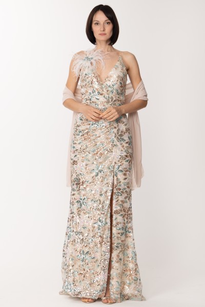 Fabiana Ferri  Long dress with sequins and feather accessory 30854 SALVIA