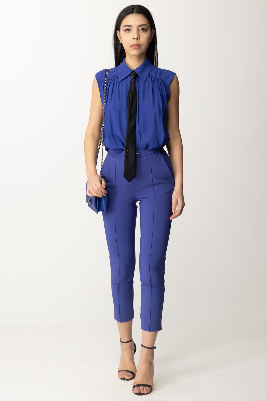 Preview: Elisabetta Franchi Trousers with piping and logo at waist BLUE INDACO