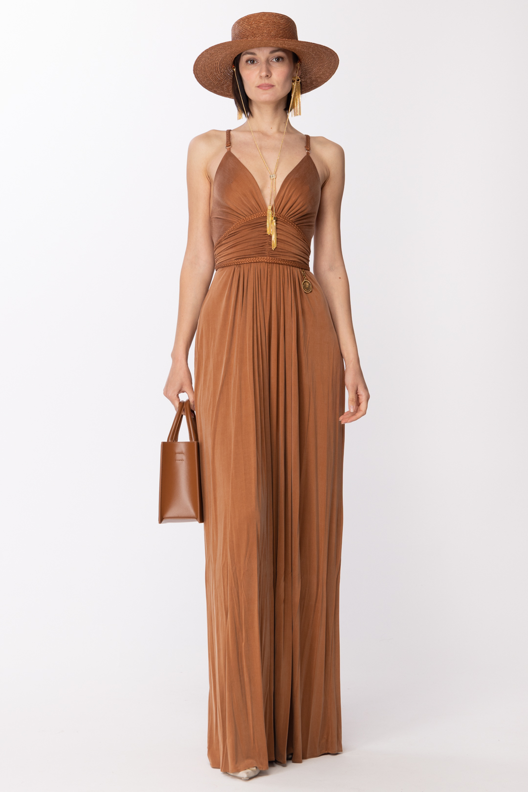 Preview: Elisabetta Franchi Red Carpet dress with woven straps Cuoio