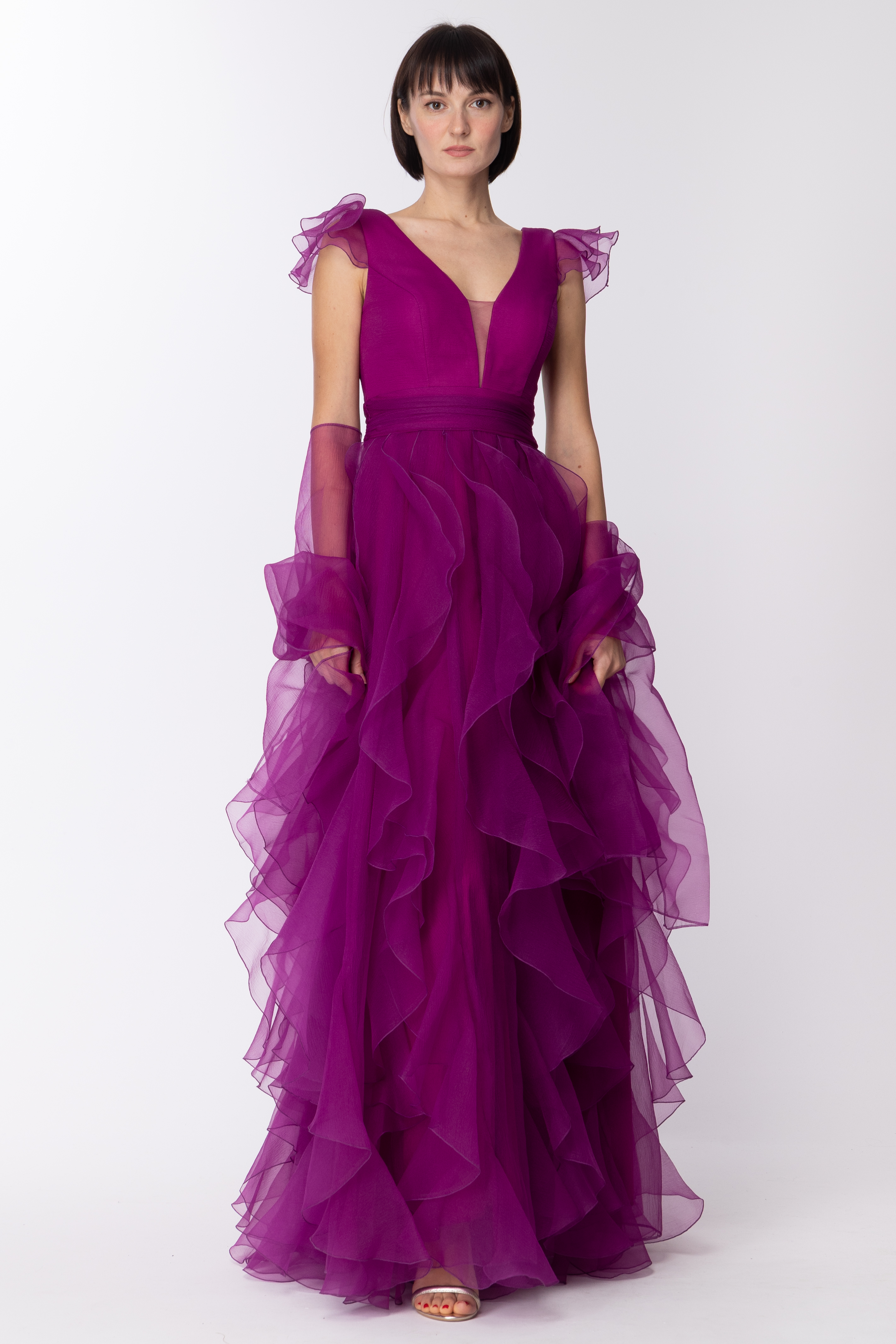 Preview: Fabiana Ferri Long V-neck dress with vertical ruffles Violet