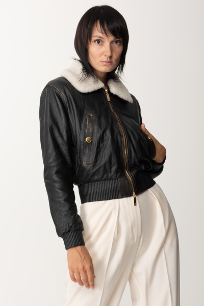 Elisabetta Franchi  Bomber jacket in leather with sheepskin collar GD31Z36E2 CUOIO SCURO