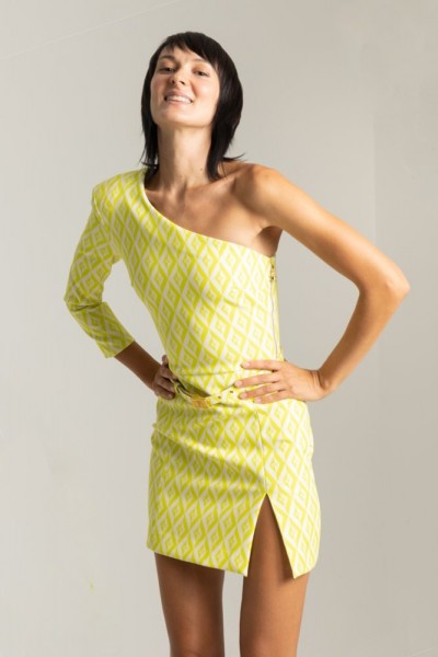 Elisabetta Franchi  Asymetryczna mini sukienka z nadrukiem w romby AB38836E2 LIME FLUO/BURRO