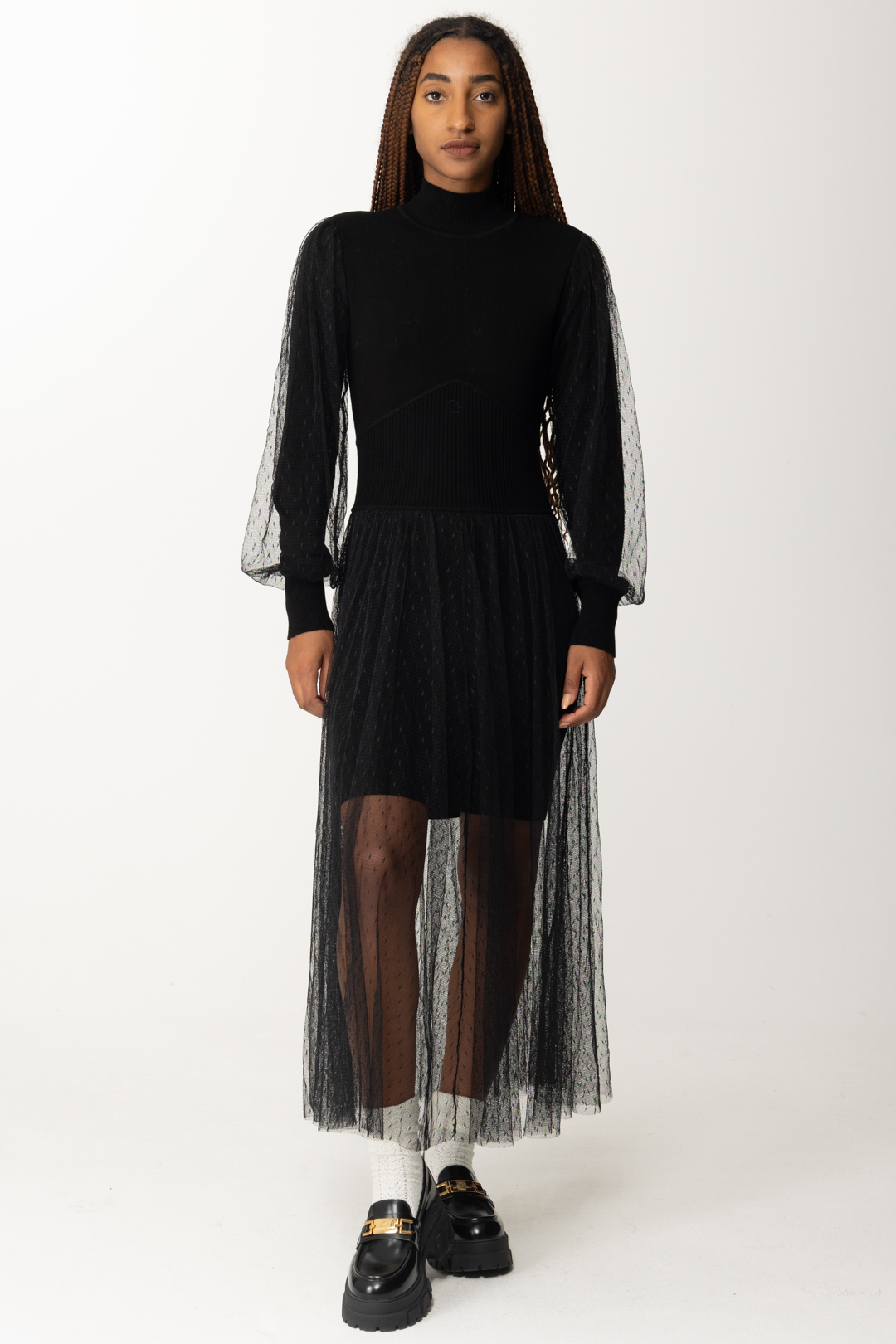 Preview: Twin-Set Long knitted dress with tulle skirt Nero