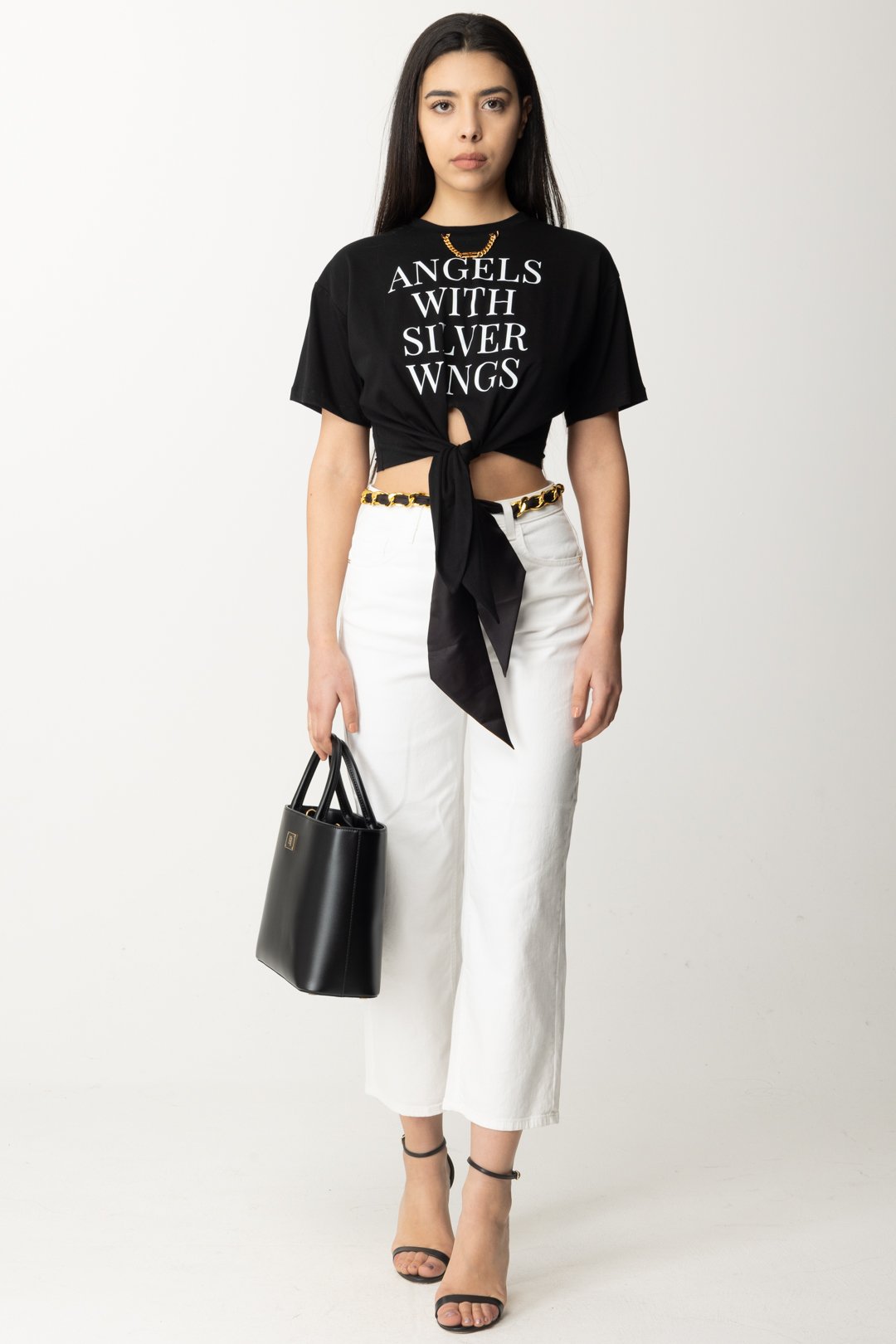 Preview: Elisabetta Franchi Crop T-shirt with Slogan Print and Gold Accessory Nero