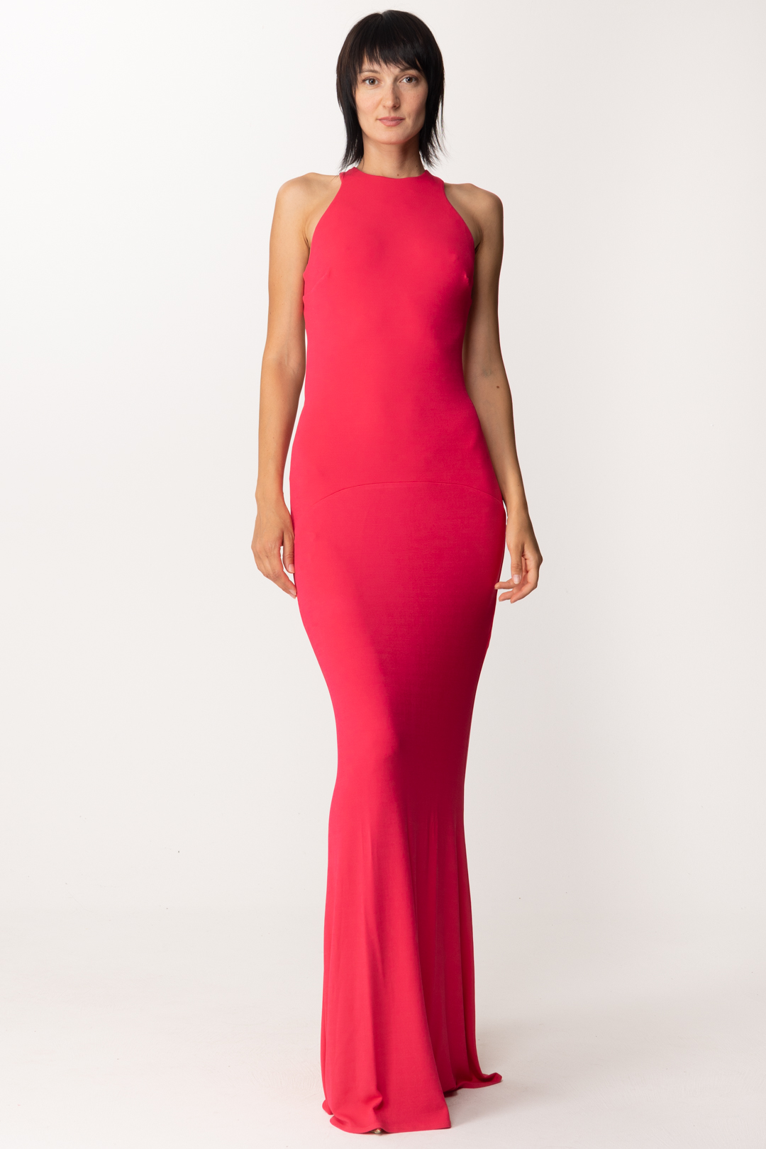 Preview: Elisabetta Franchi Red Carpet dress with neckline and jewel on the back Fuxia