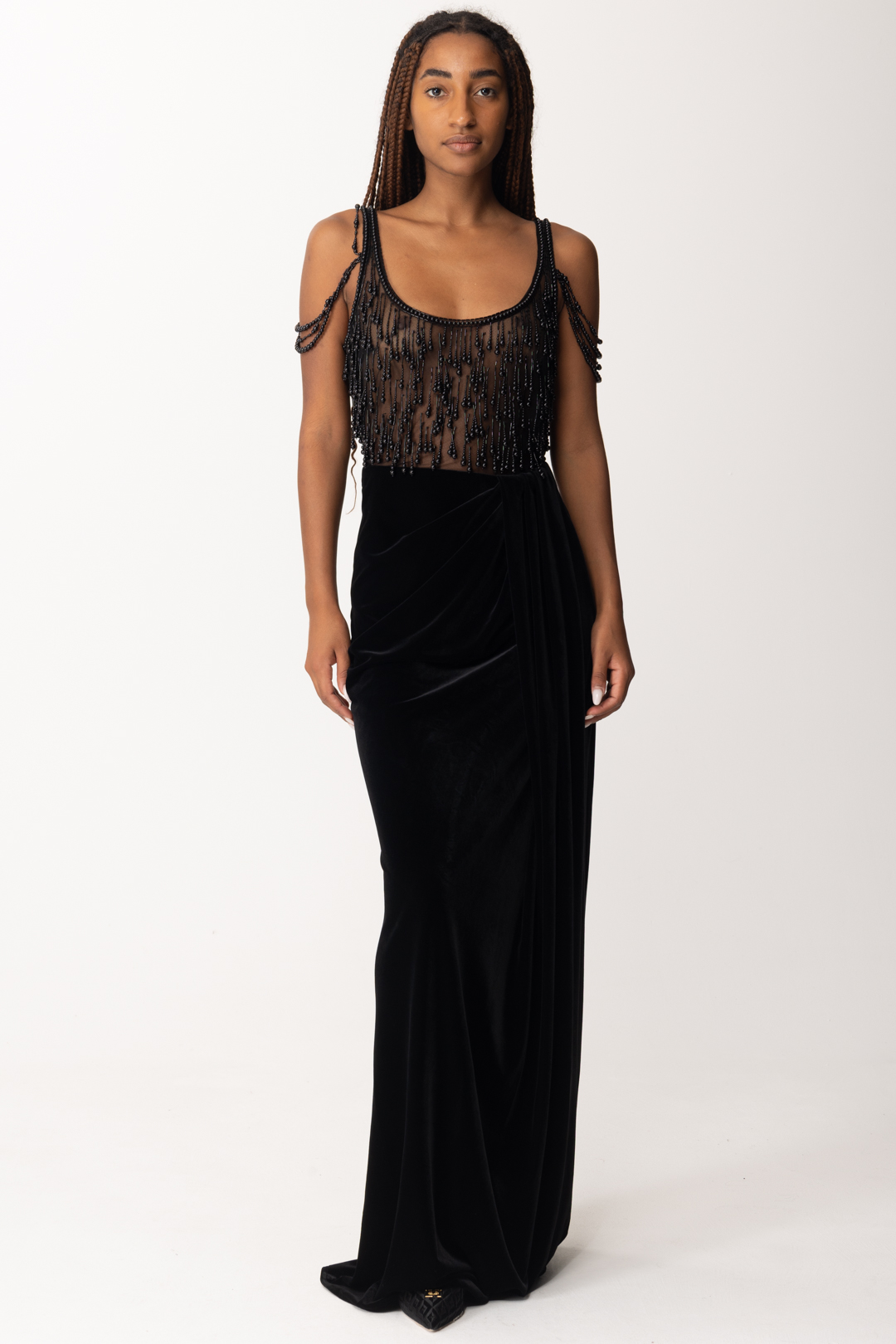 Preview: Elisabetta Franchi Velvet Red carpet dress with pearls embroidery Nero