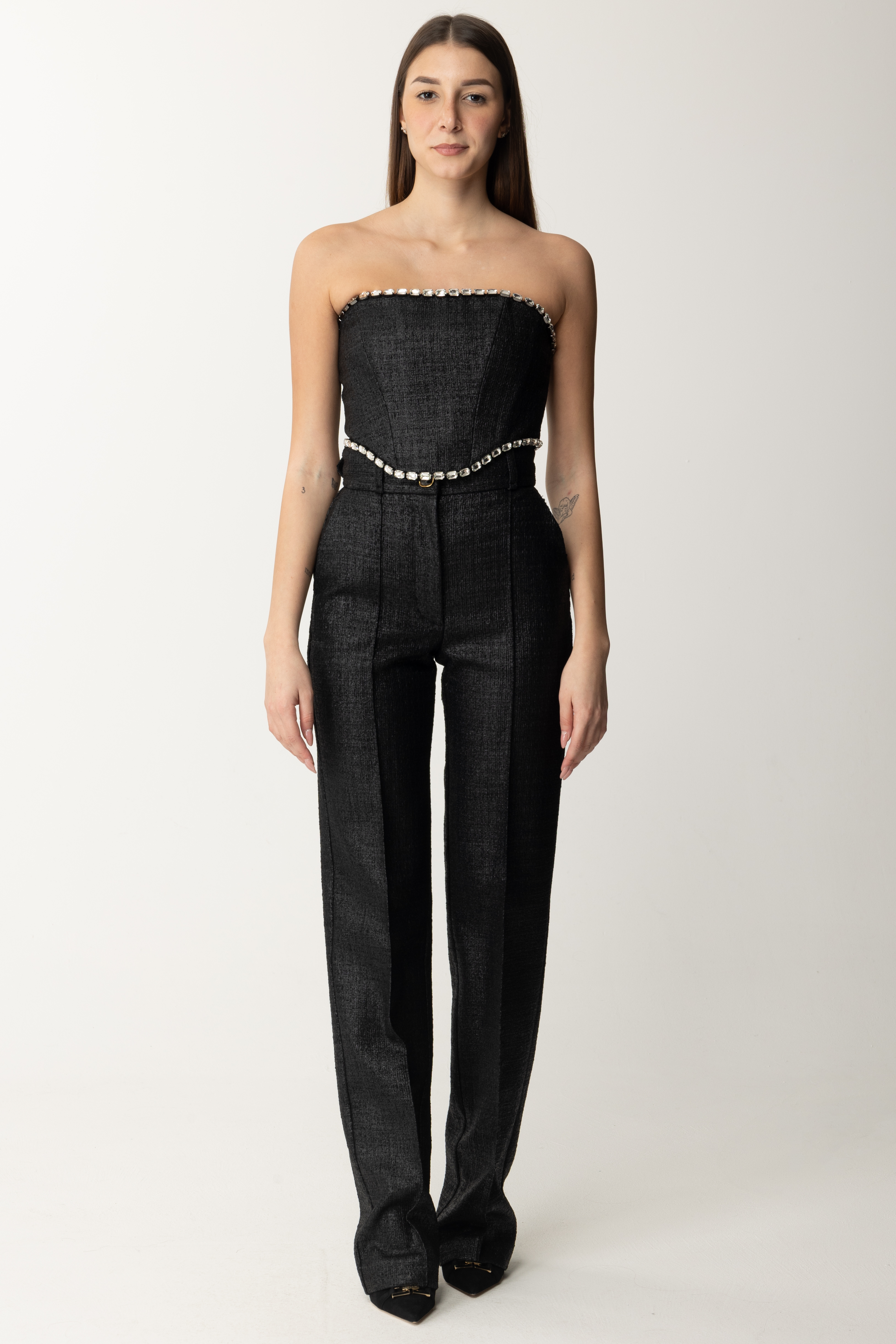 Preview: Elisabetta Franchi Laminated tweed top with stones Nero