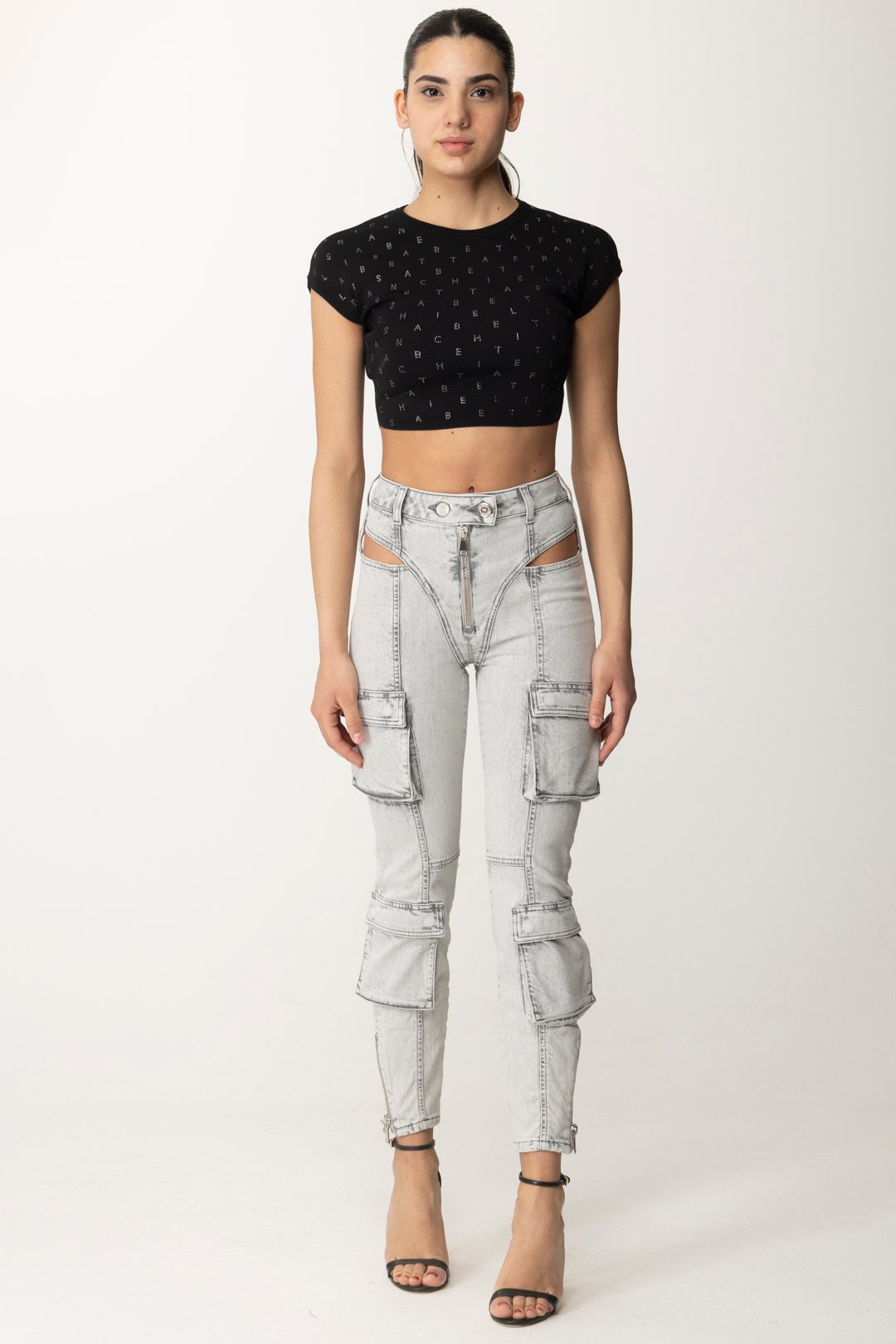 Preview: Elisabetta Franchi Crop top with rhinestone lettering Nero