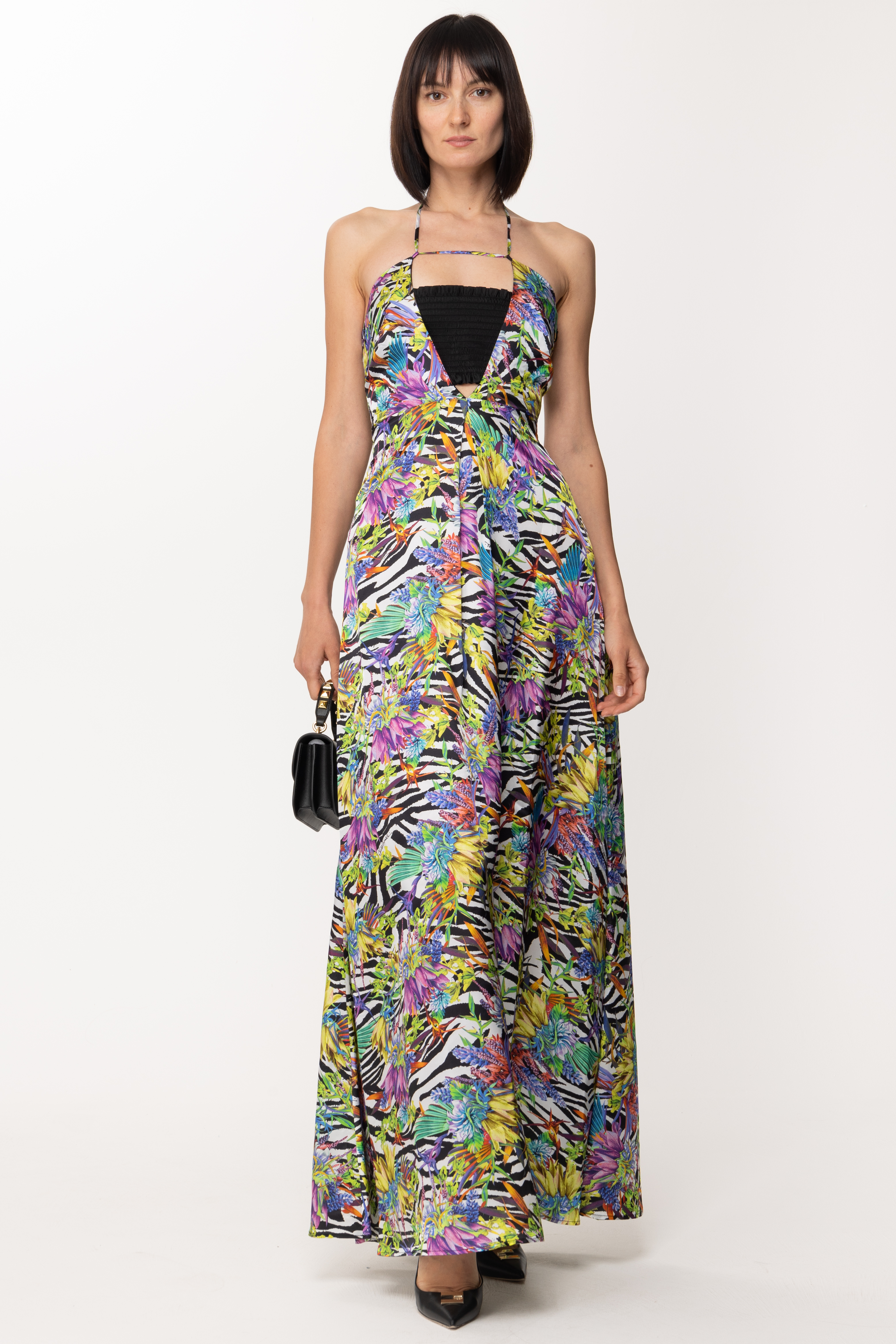 Preview: Just Cavalli Printed long dress with ruffled insert Black