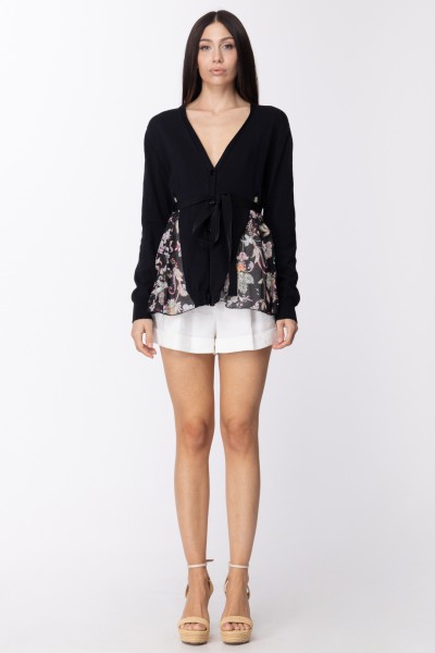 Twin-Set  Cardigan with printed fabric inserts and sash 211TT3082 BIC.NERO/ST.FIORE IN
