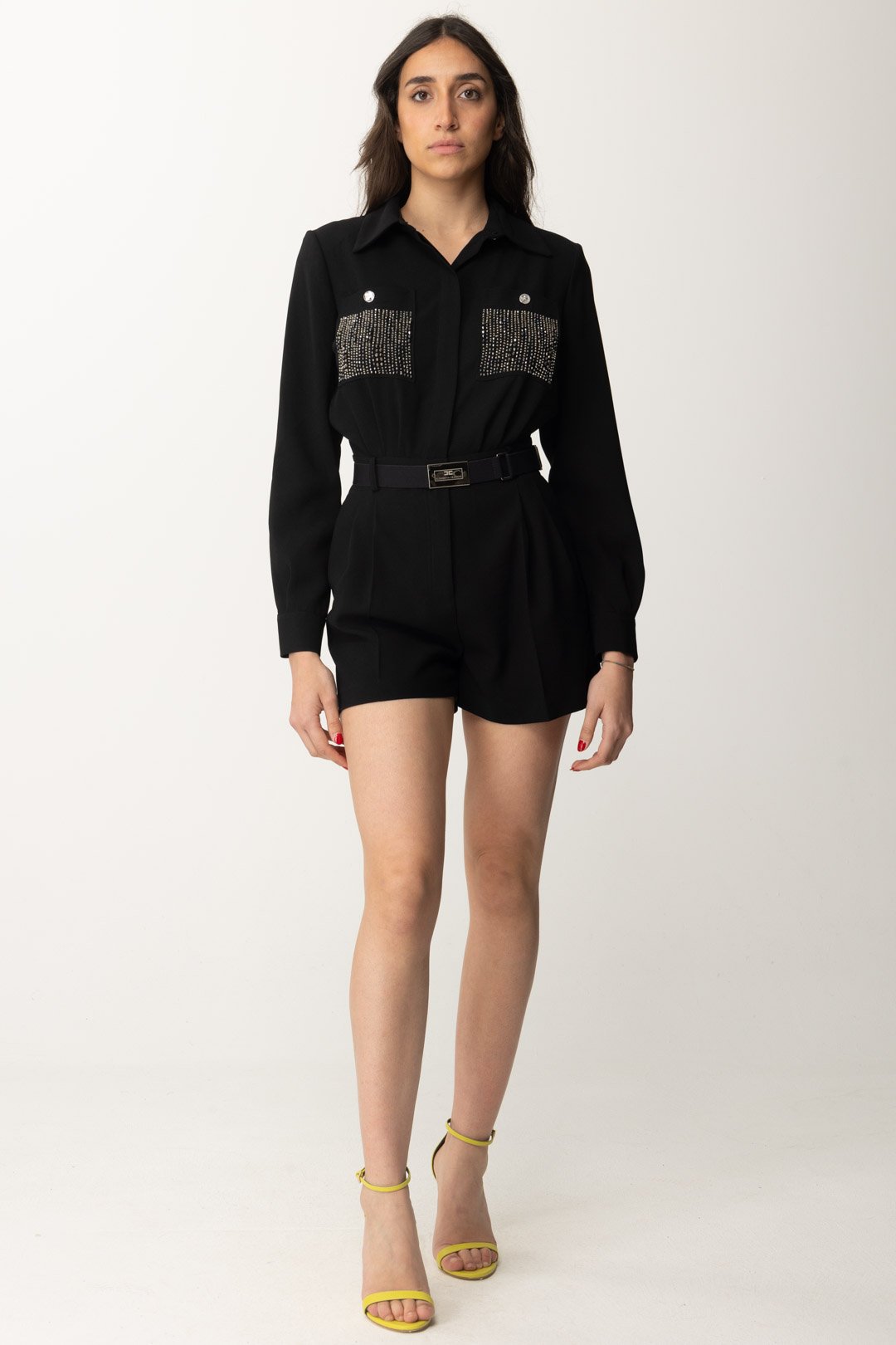 Preview: Elisabetta Franchi Short jumpsuit with embroidered pockets and belt Nero