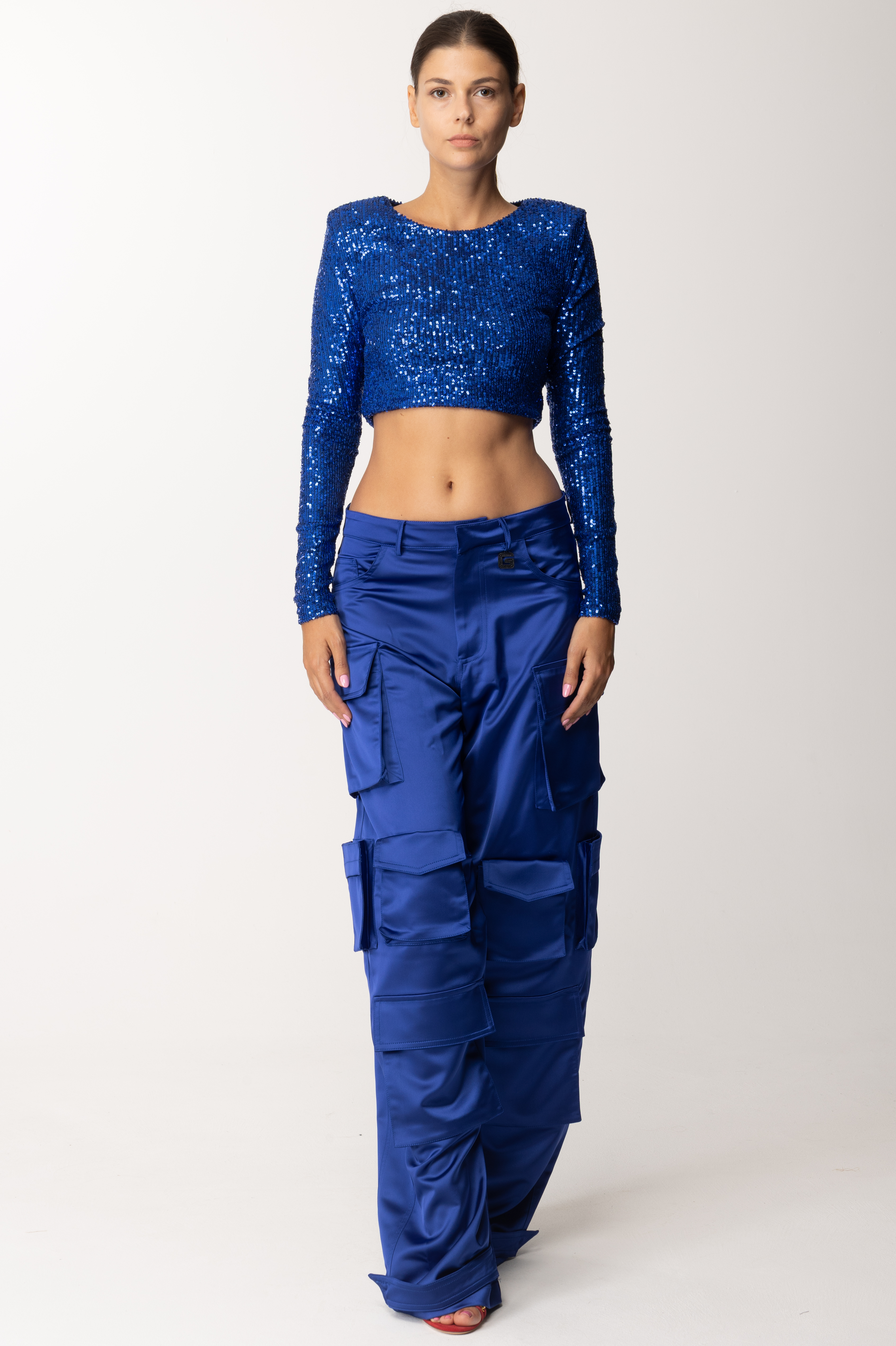 Preview: Dramèe Sequin-Embroidered Crop Top Blu
