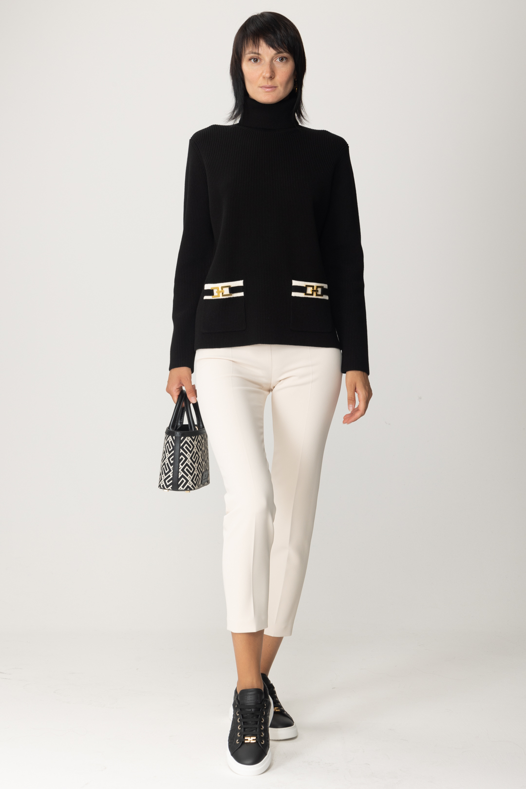 Preview: Elisabetta Franchi Turtleneck with branded clamps Nero/Burro