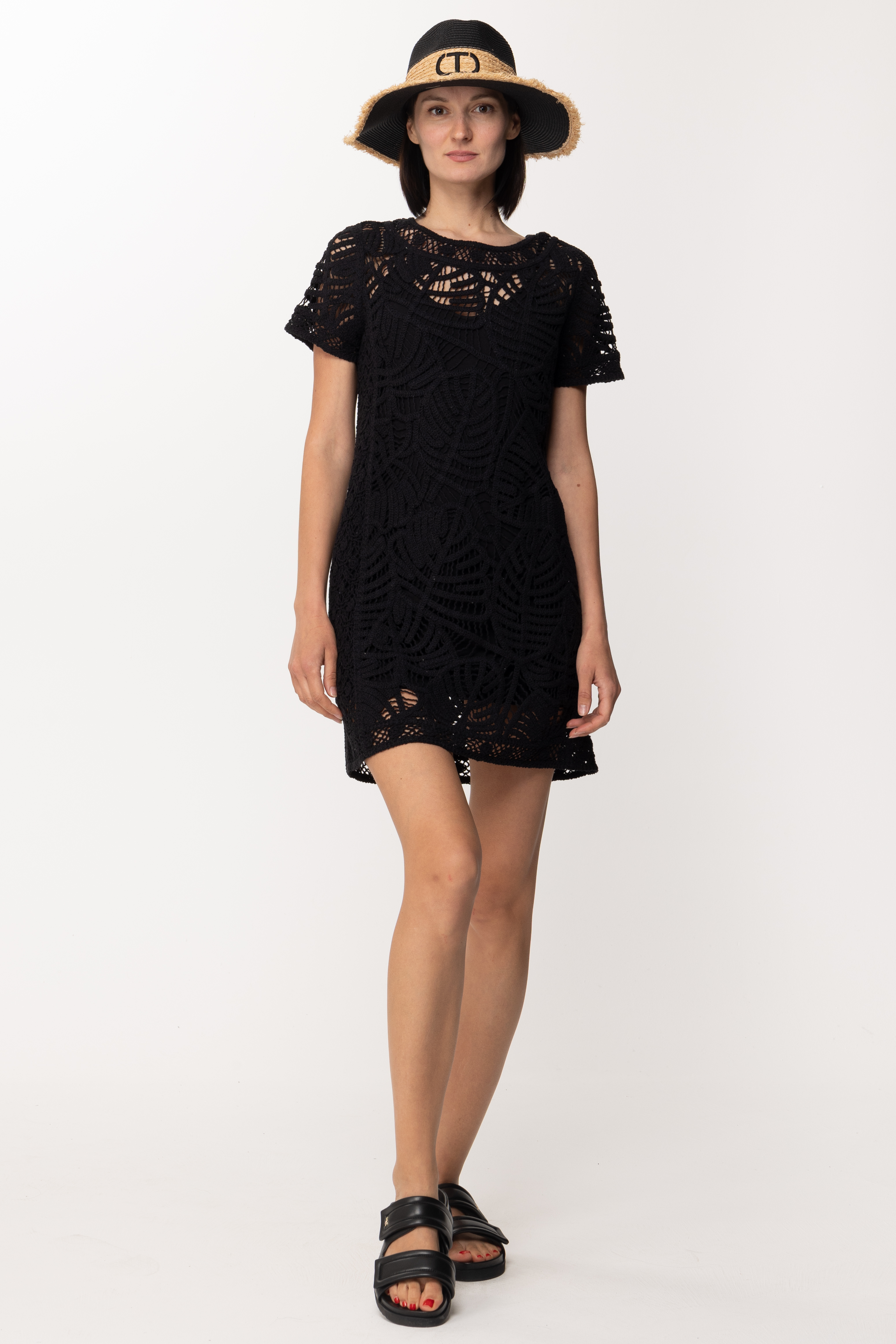 Preview: Twin-Set Leaf-embroidered mini dress Nero
