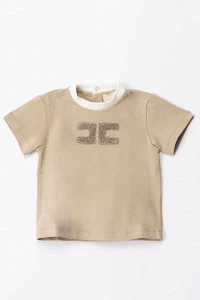 ELISABETTA FRANCHI BAMBINA  T-Shirt mit kontrastierendem Kragen und Logo ENTS0030JE006.D348 IVORY/SAND