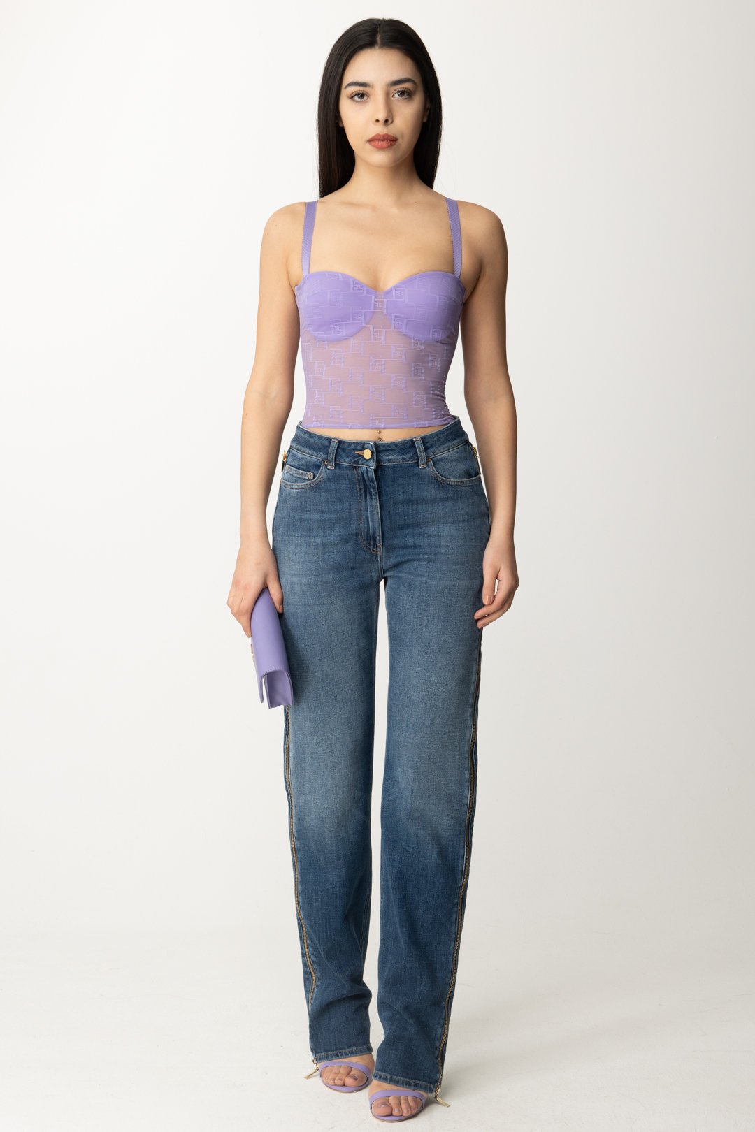 Preview: Elisabetta Franchi Palazzo jeans with maxi side zips Blue denim