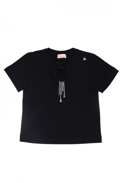 ELISABETTA FRANCHI BAMBINA  T-shirt with rose and rhinestones EFTS1950JE006N000 NERO