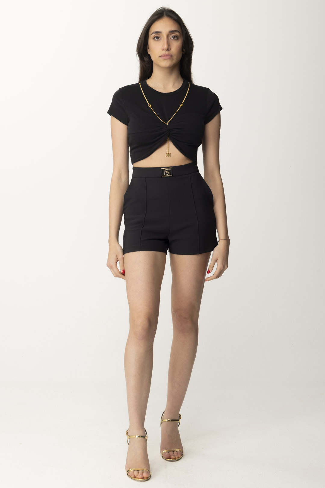 Preview: Elisabetta Franchi Cropped T-shirt with knot Nero