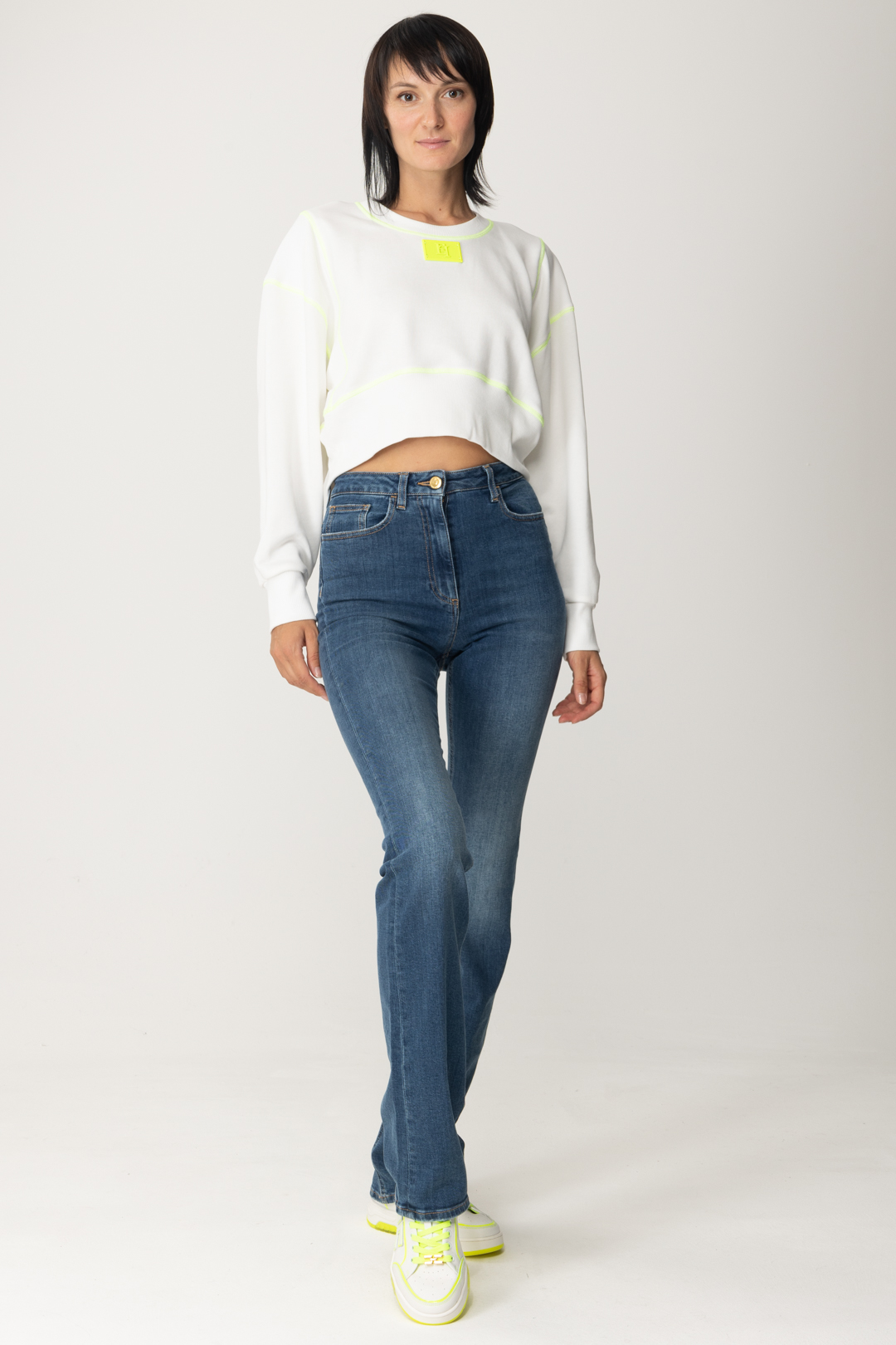 Preview: Elisabetta Franchi Cropped sweatshirt with fluo details Avorio