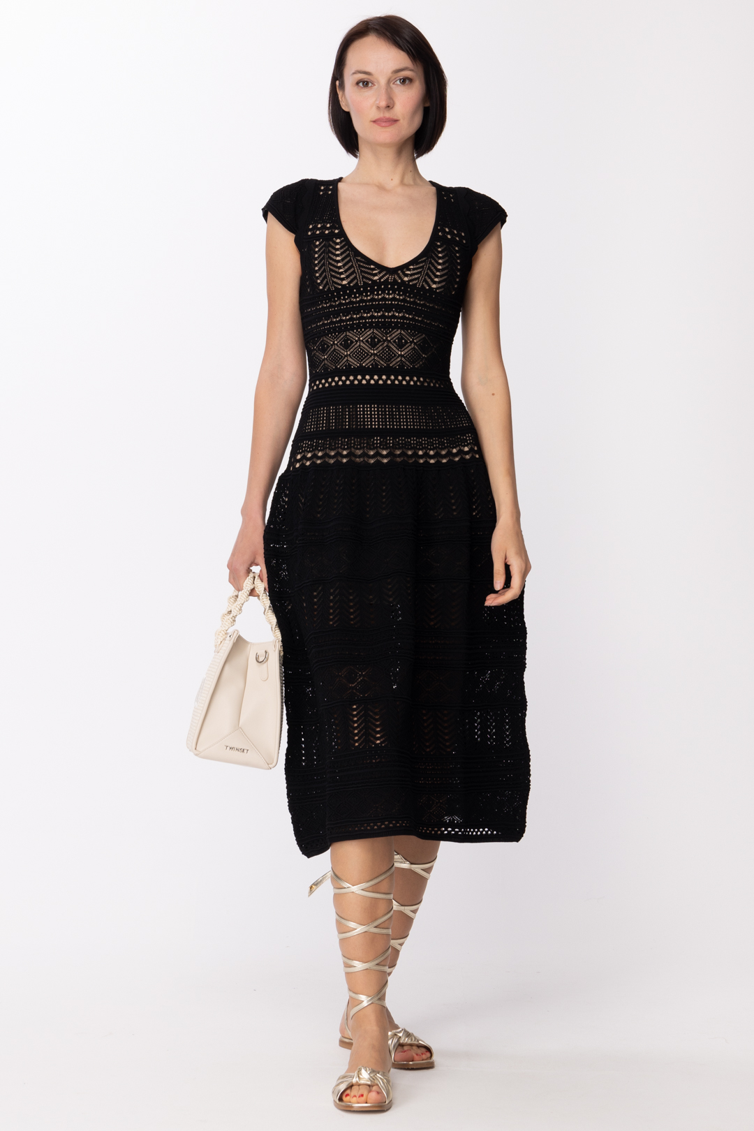 Preview: Twin-Set Dress with lace stitch Nero
