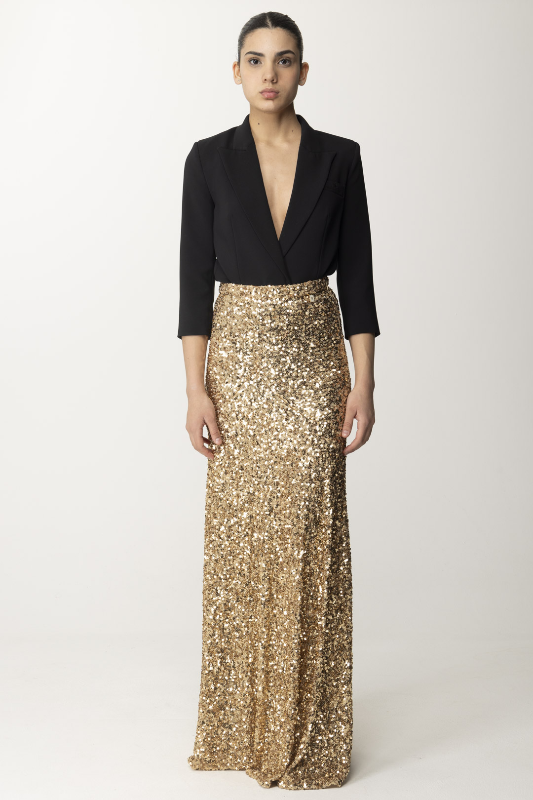 Preview: Elisabetta Franchi Long Tulle Skirt with Full Sequins Oro