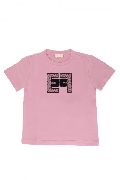 ELISABETTA FRANCHI BAMBINA  T-shirt z kontrastowym haftowanym logo EFTS1850JE006D119 BERRY/NERO