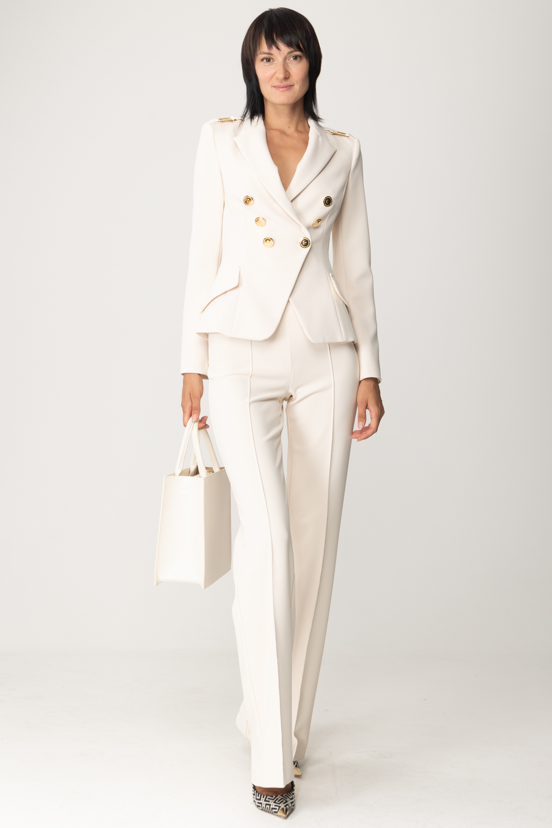 Preview: Elisabetta Franchi Palazzo trousers with logo plates Burro