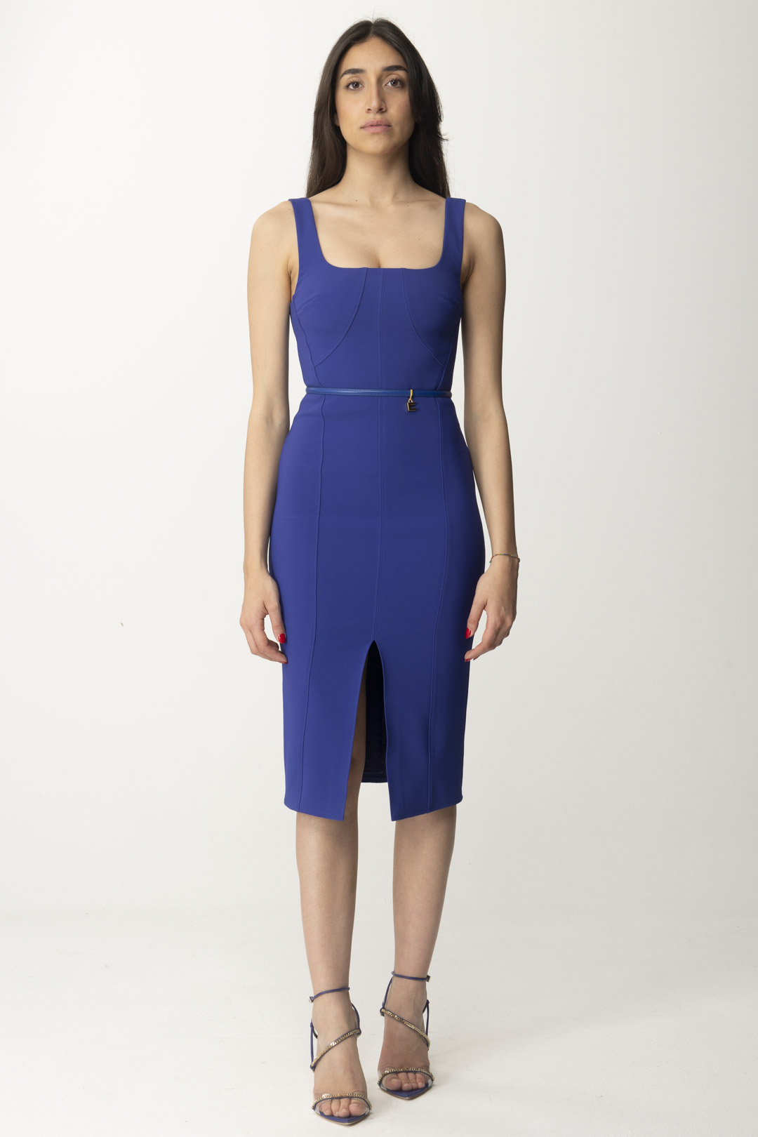 Preview: Elisabetta Franchi Sheath dress with belt and logo charm BLUE INDACO