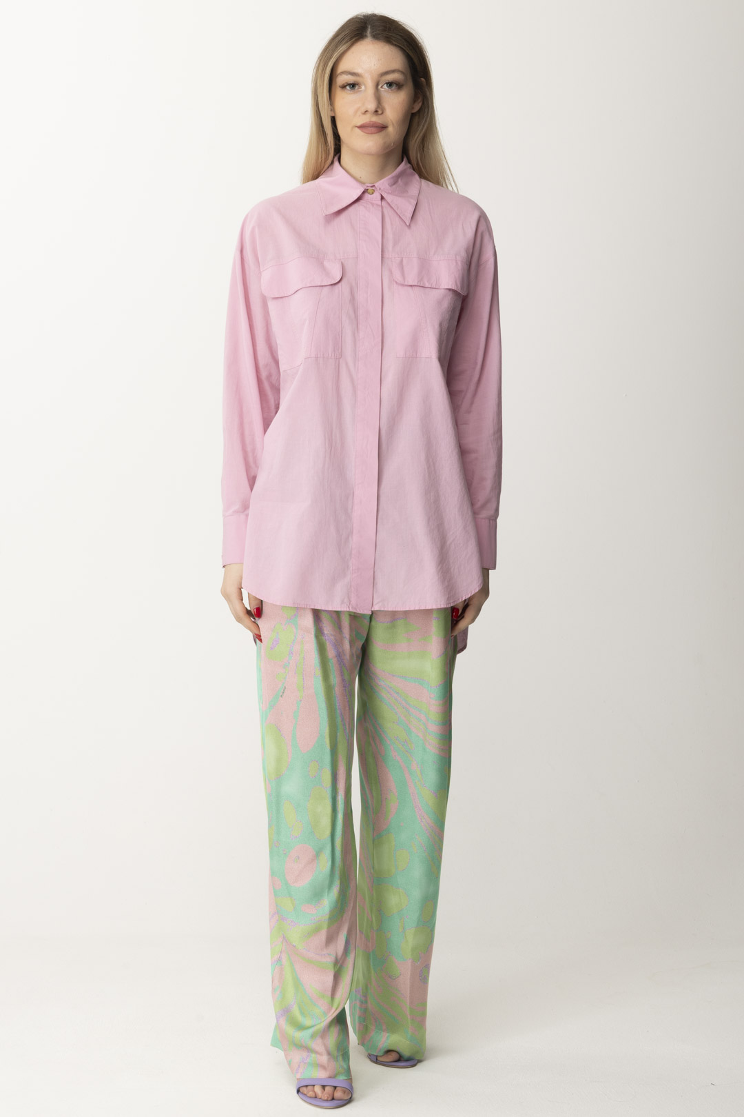 Preview: Pinko Wide printed trousers MULT VERDE/ROSA