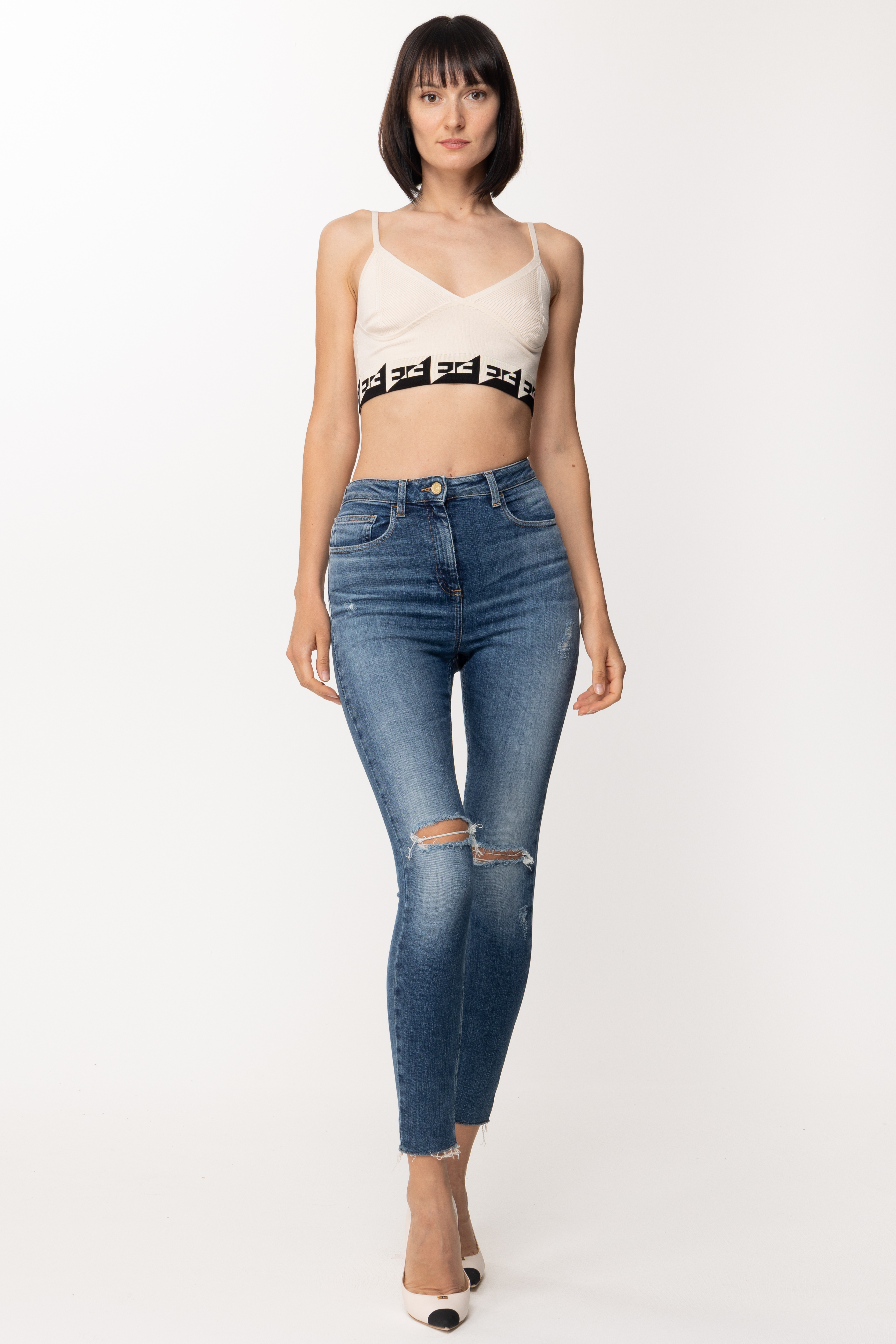 Preview: Elisabetta Franchi Crop top with logo band Burro