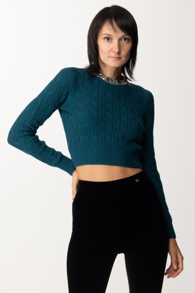 Elisabetta Franchi  Wełniany sweter z haftowanym kołnierzykiem MK15B37E2 PAVONE