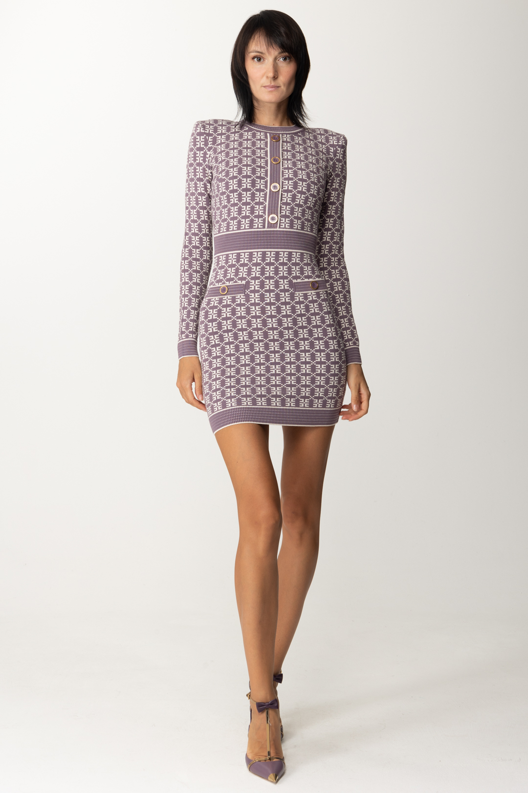 Preview: Elisabetta Franchi Jacquard knit mini dress CANDY VIOLET/BURRO