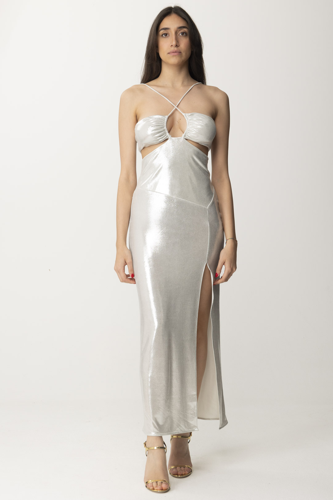 Preview: Patrizia Pepe Dress with Cut-Out in Lamé Jersey ShinyRawWhite