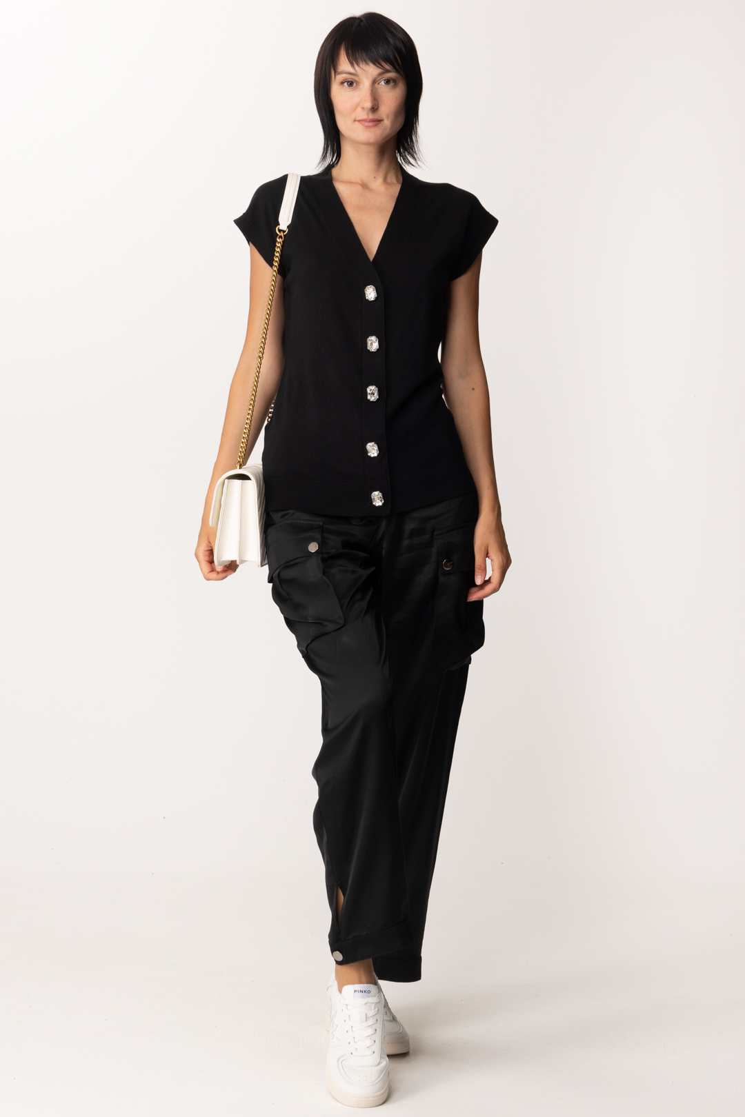 Preview: Pinko Knitted vest with jewel buttons NERO LIMOUSINE