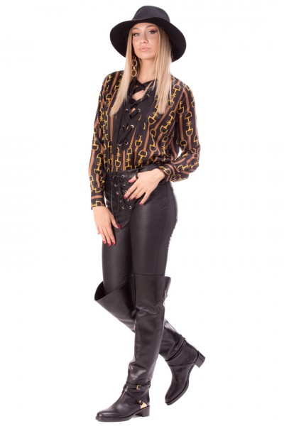 Elisabetta Franchi  Bodysuit blouse with horsebit print CB00618E2 Nero/Mou