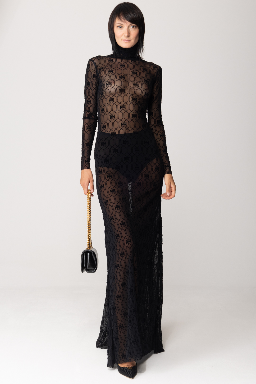 Preview: Elisabetta Franchi Red carpet tulle dress with flock print Nero