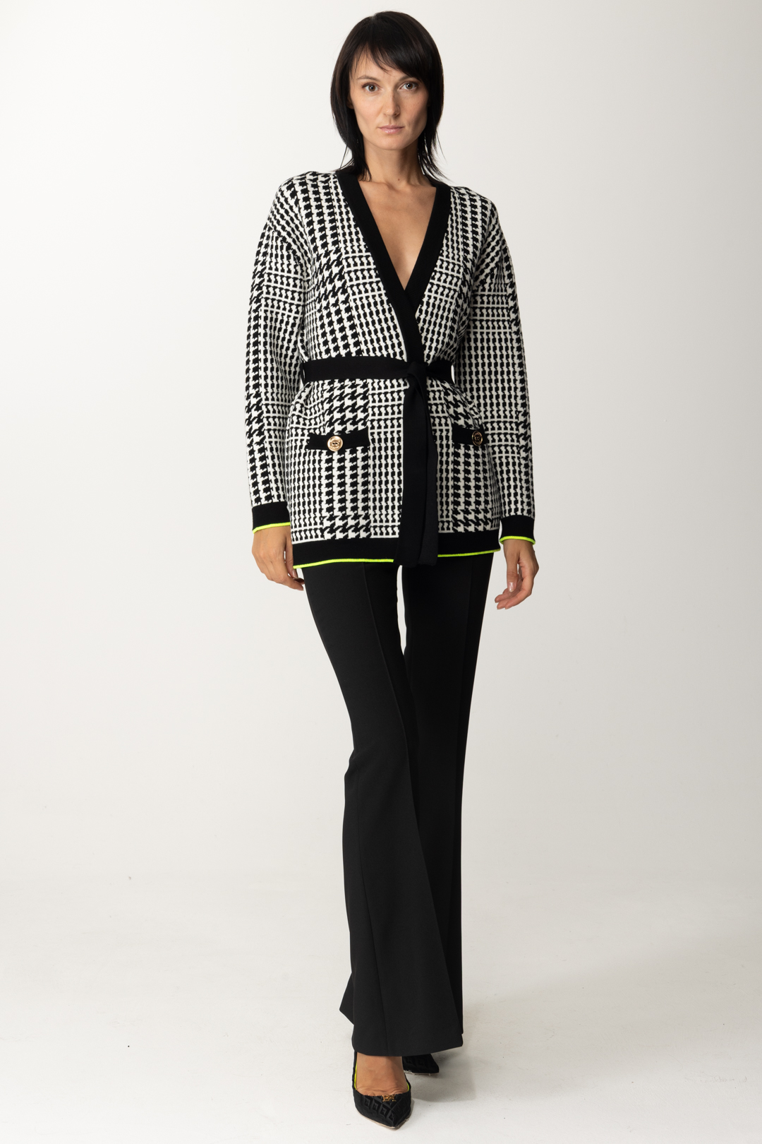 Preview: Elisabetta Franchi Cardigan with Prince of Wales belt Nero/Burro