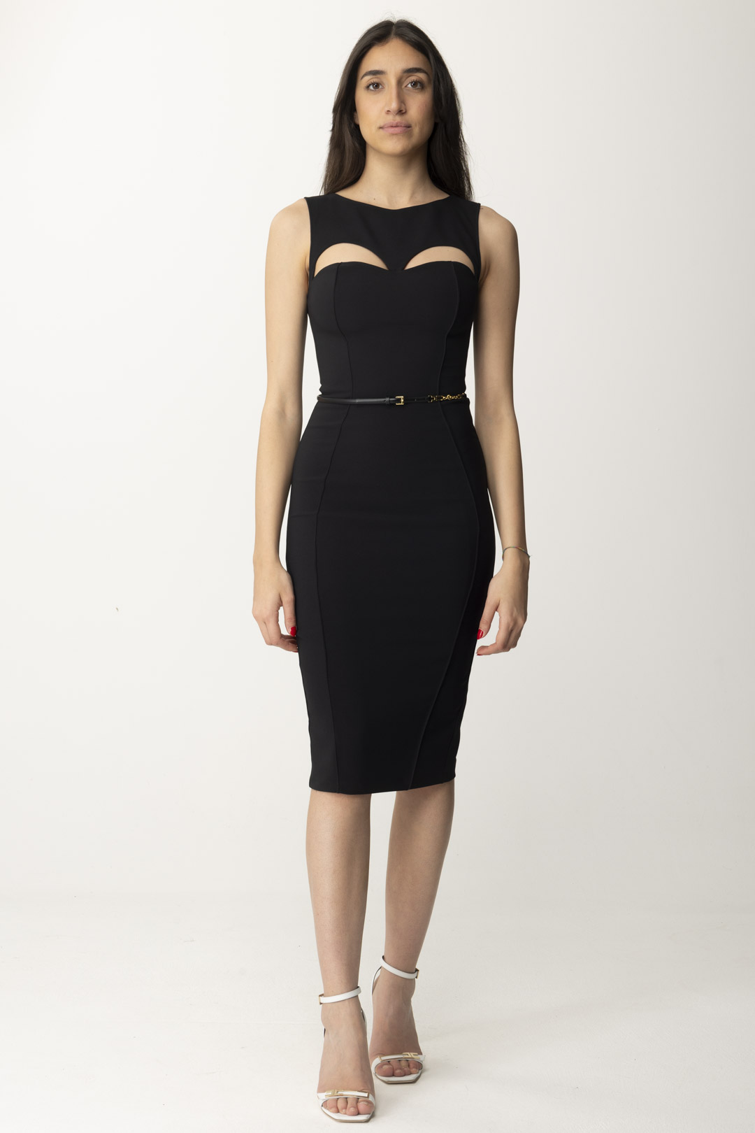 Preview: Elisabetta Franchi Sheath Dress with Belt and Cut-Out Nero