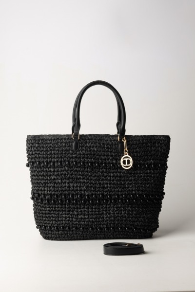 Twin-Set  Raffia shopper bag with pearls 241TD8170 NERO