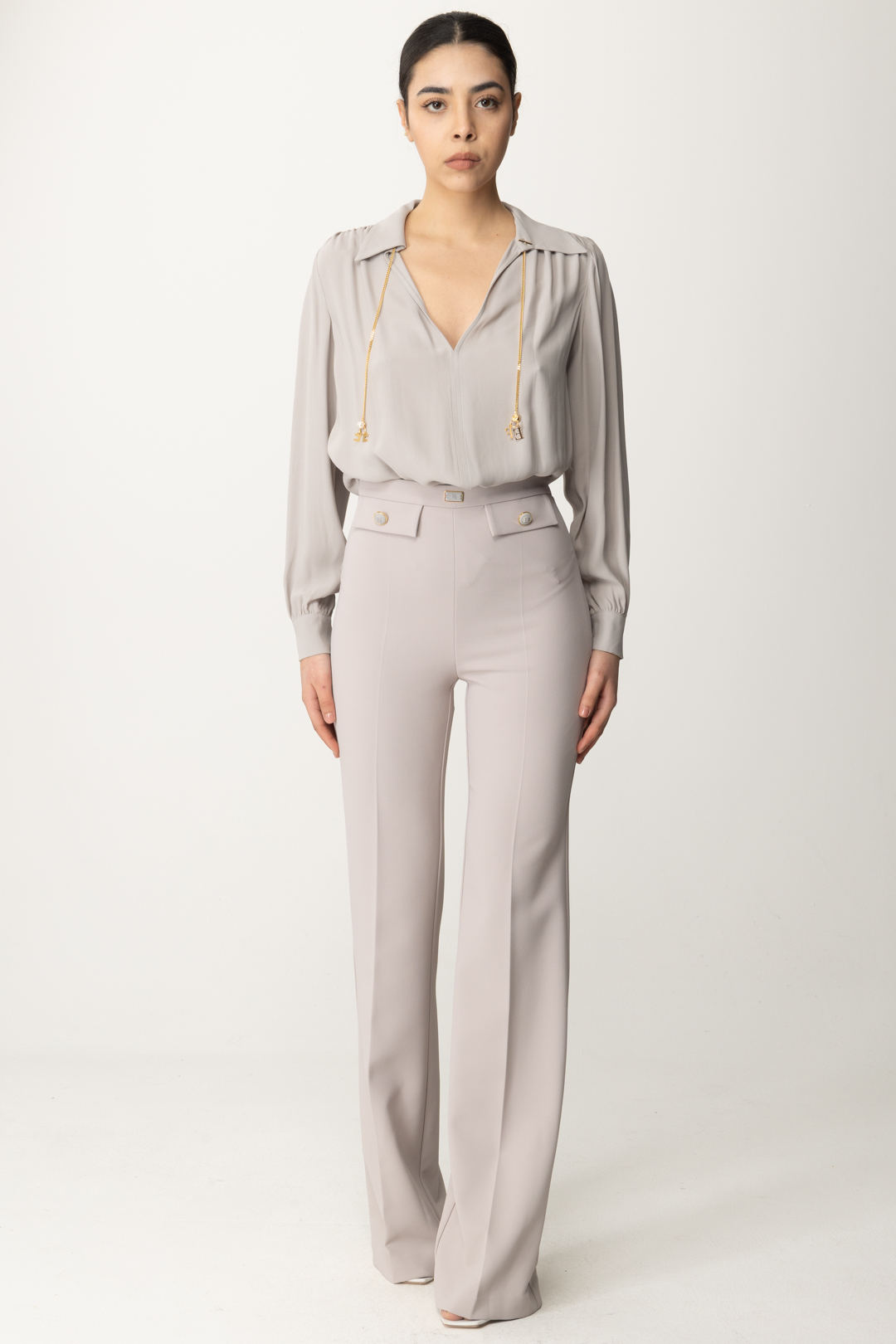 Preview: Elisabetta Franchi Flared trousers with logoed flaps at the waist Perla