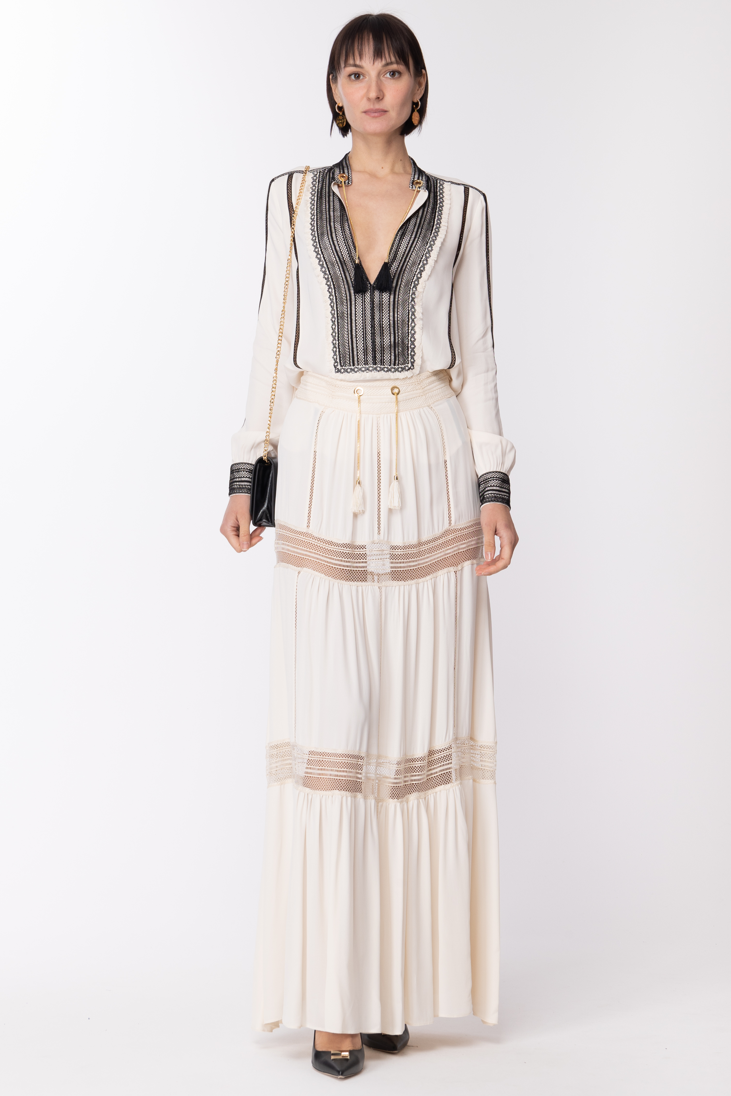 Preview: Elisabetta Franchi Long skirt with lace decoration Burro