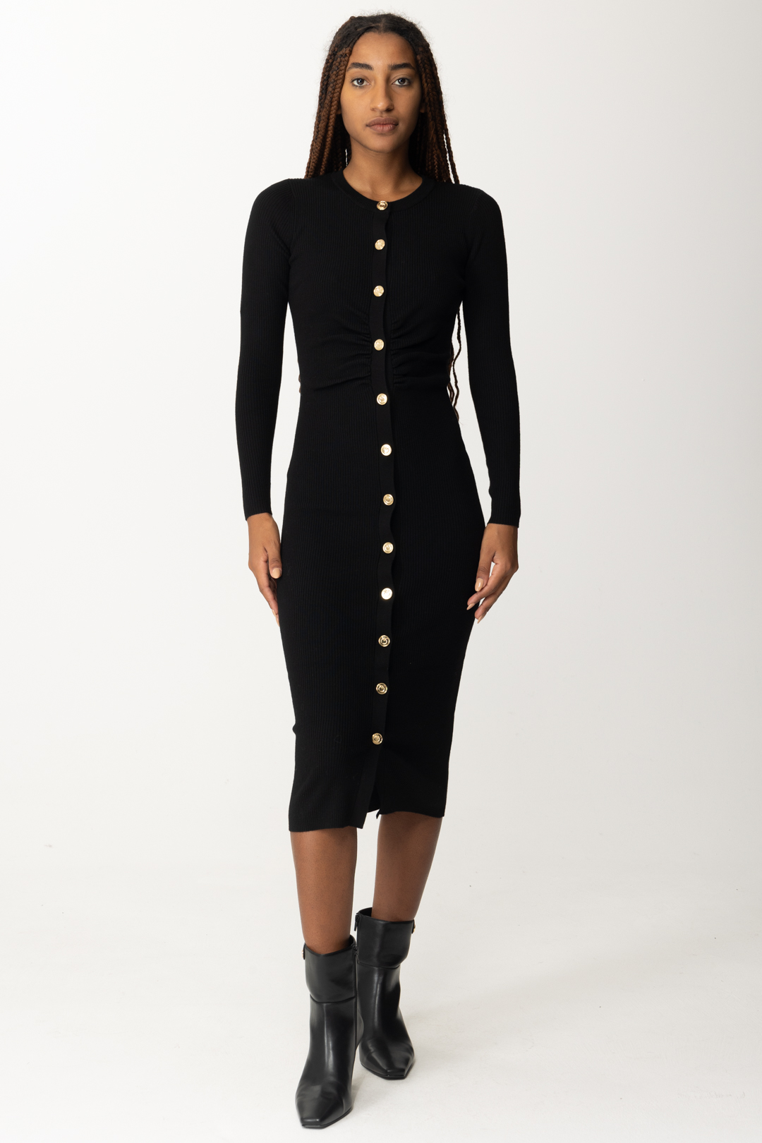 Preview: Pinko Long ribbed dress with gold buttons NERO LIMOUSINE